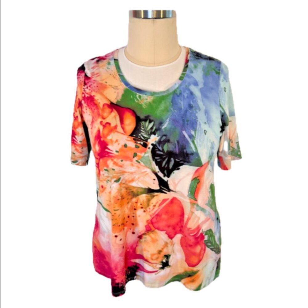 Chico's Women's L Tunic Tee Shirt Large Abstract Floral Short Sleeve Scoop Neck